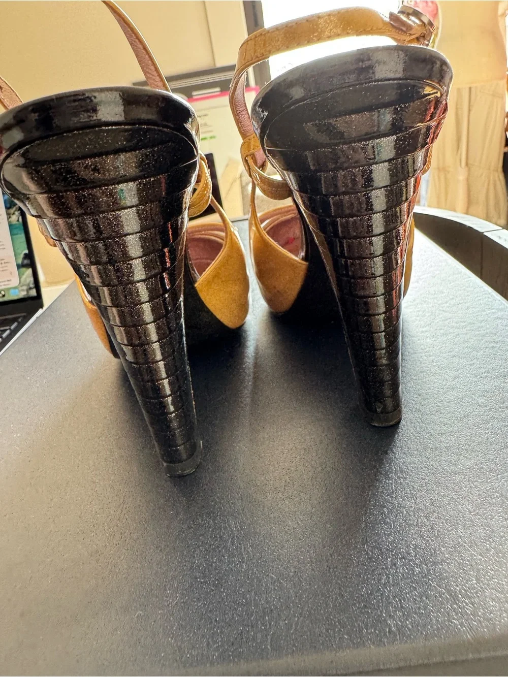 CHANEL Two-Tone Slingback Pumps in Mustard and Black Patent